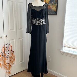 Elegant Black Evening Gown — Sheer Sleeves & Hand-Beaded Waist (Size 10)